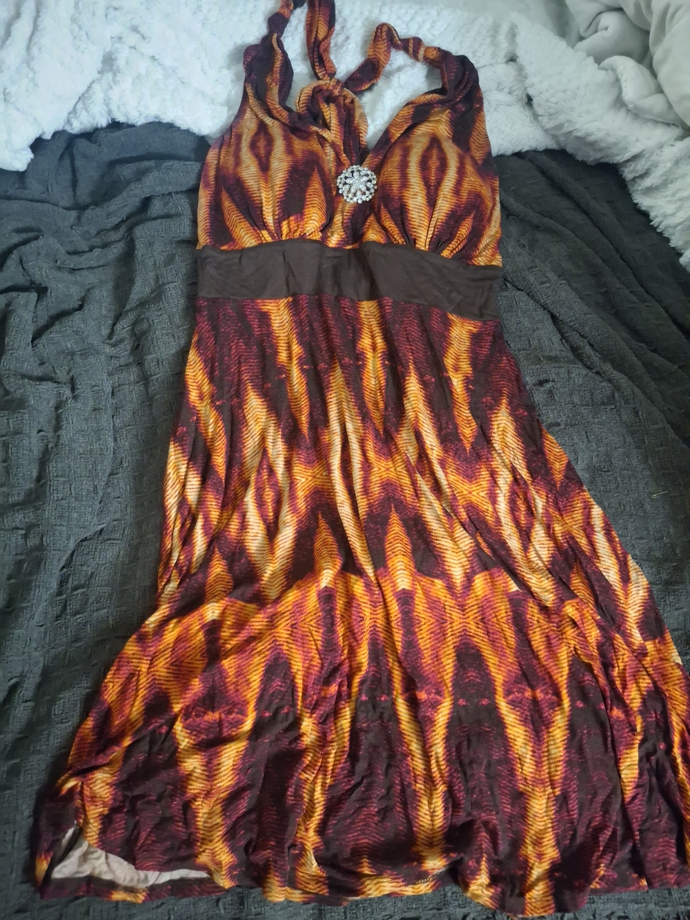 Rue21 Orange and Brown Patterned Midi Dress with Rhinestone Accent